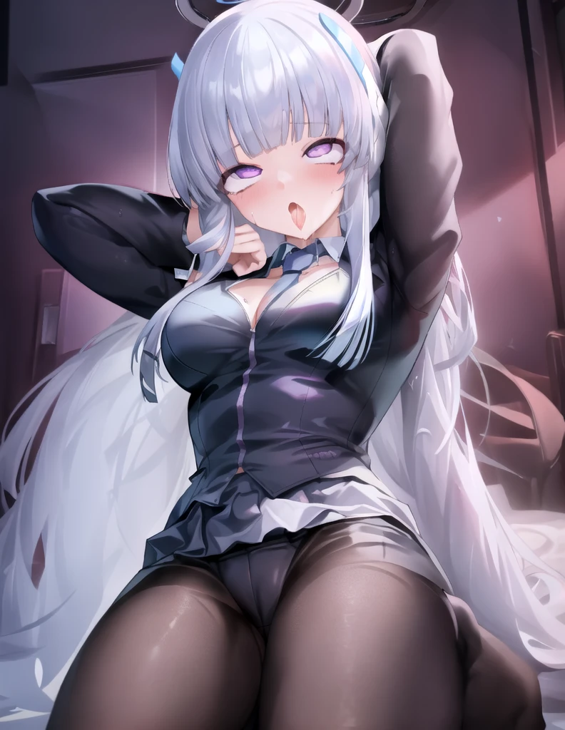 (masterpiece),(Highest quality),(Very detailed),(Best illustrations),(Best Shadow),(Absurd),(Detailed Background),(so beautiful), 16K,(Very detailed),(Best illustrations), 8K,(Absurd),(Detailed Background),(so beautiful)noa-outfit, (Processing wool), Perfect Anatomy, One Girl, alone, , , Grey Hair, Purple eyes, Blunt bangs, , (psychedelic), , , One Girl, alone, Big Breasts, Long Hair, , , , empty eyes, blank eyes, , , , Heart-shaped pupils, Fantastic effects, shiny skin, Wet, A halo shines, Sacred atmosphere, The pupils constrict, , , Sexual climax, , , , , saliva trail , , night , , pink neon, , , hallucination, , Mysterious glow, orgasm, ahegao, rolling eyes, cross-eyed, , , , Arched back, , , , , Dead, Expressionless, arms behind head, Extremely detailed and realistic reproduction, Showcasing professional craftsmanship, ((Very cute face)),open mouth, tongue out, naughty face,