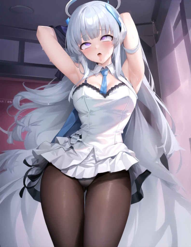 (masterpiece),(Highest quality),(Very detailed),(Best illustrations),(Best Shadow),(Absurd),(Detailed Background),(so beautiful), 16K,(Very detailed),(Best illustrations), 8K,(Absurd),(Detailed Background),(so beautiful)noa-outfit, (Processing wool), Perfect Anatomy, One Girl, alone, , , Grey Hair, Purple eyes, Blunt bangs, , (psychedelic), , , One Girl, alone, Big Breasts, Long Hair, , , , empty eyes, blank eyes, , , , Heart-shaped pupils, Fantastic effects, shiny skin, Wet, A halo shines, Sacred atmosphere, The pupils constrict, , , Sexual climax, , , , , saliva trail , , night , , pink neon, , , hallucination, , Mysterious glow, orgasm, ahegao, rolling eyes, cross-eyed, , , , Arched back, , , , , Dead, Expressionless, arms behind head, Extremely detailed and realistic reproduction, Showcasing professional craftsmanship, ((Very cute face)),open mouth, tongue out, naughty face,