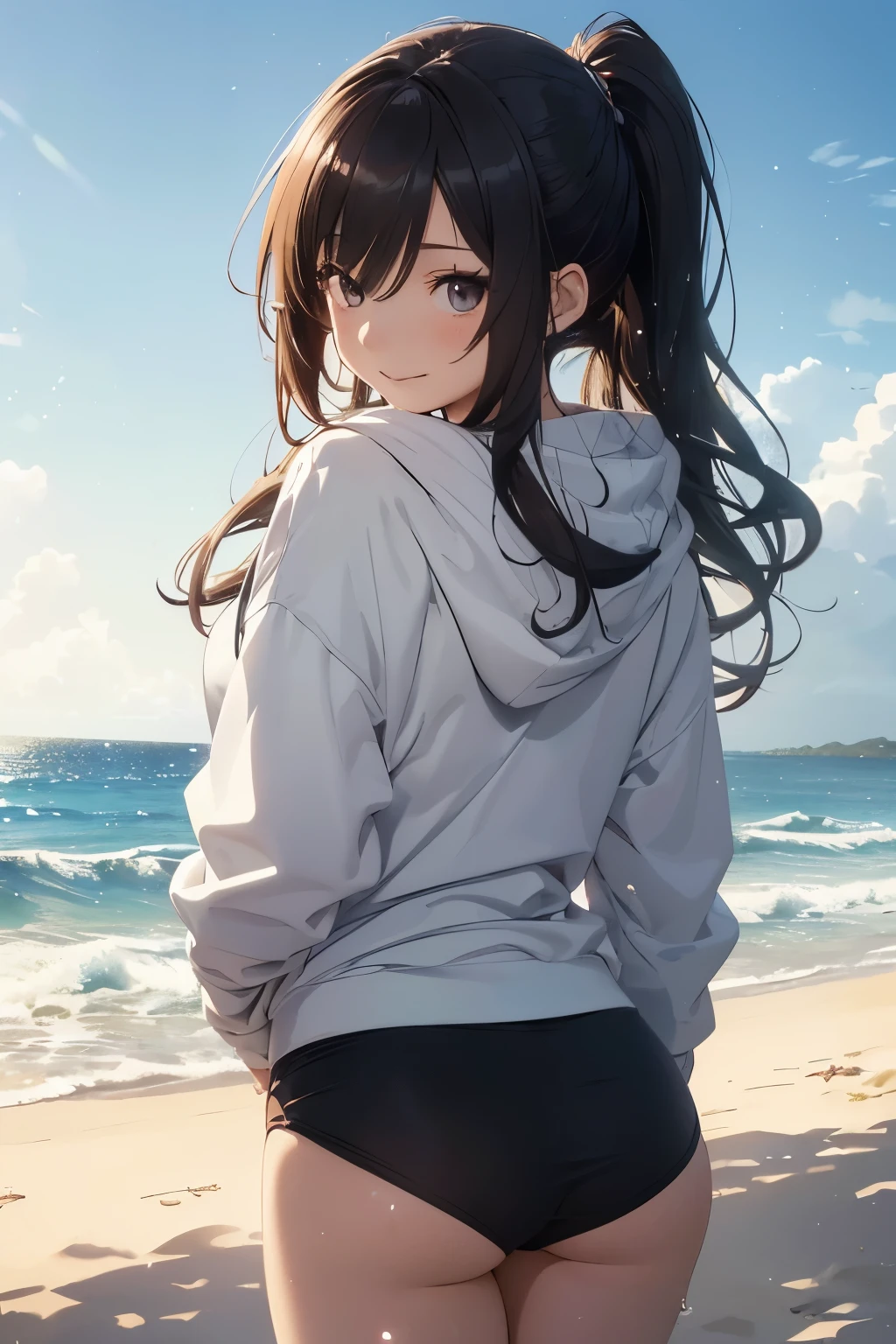 (masutepiece), (Best Quality), hyper detailed illustration,beautiful artwork,(Extreme Detail CG Unity 8K wallpaper、masterpiece、top-quality)、(exquisite lighting and shadow、highly dramatic picture、cinematic lens effects)、One girl in white hoodie and school swimsuit standing beach, black long haired girl wearing hoodie, beautiful Girl, CG Art, anime style 4 k, Seductive Girl, 4k wallpaper, attractive girl, beautiful Girl, beautiful alluring Art styles, ,Wake up with water,Wet,(Evil smile),(Brown eyes),Wide blue sky,(Tsurime),(straggling hair),Saw,(Wet),poneyTail,(on the beach),beach side,(light sparkles),(light particles),(strong light coming in),(twist waist:1.1),(head tilt),