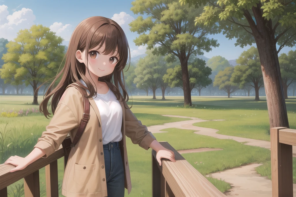 One girl, alone, 20-year-old, Brown eyes, Brown Hair, smile, Nice casual clothes, grassland, masterpiece, Fine Fingers, 最high quality:1.4,high quality, detailed,