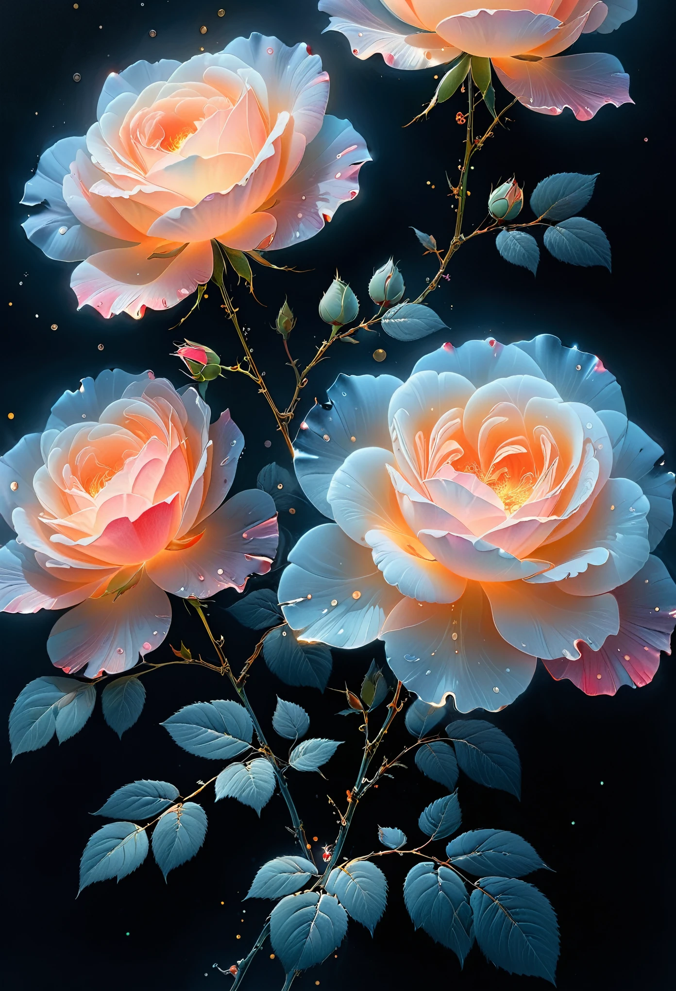Chinese painting,Ethereal beauty,Ink wash painting,Ink splashes,Gongbi,Delicate brushwork,Zen simplicity,(Minimalism:1.2),soft light, cover art, high quality, masterpiece, 32K, amazing composition, stunning beauty, extremely detailed, black background, (((Meticulous brushwork painting of rose))), glowing flowers, translucent petals, colors, fluorescent, gradient, highest detail, colorful particles, flowing light, contour light, surrealistic art, bright and colorful, dissolving and disappearing into particles, translucent fluorescent, glowing particles, optical flares, no human, ((perfect combination of traditional meticulous brushwork and light and shadow)), award-winning art illustration,