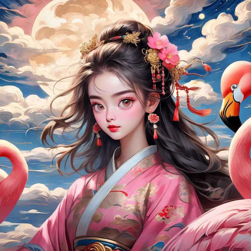 (best qualityer,4K,8K,high resolution,work of art:1.2),ultra detali,realisitic,Hand-drawn style,rough texture,1 girl,glare eyes,beautiful  face,Messy and fluffy long hair,detailed wires,fine clothes with traditional chinese style,Accurate anatomy,clouds,stele,moonligh,flamingo,Exquisite details,texture,pink and gold color palette,inspired by the art of Van Gogh,blank space for character composition.