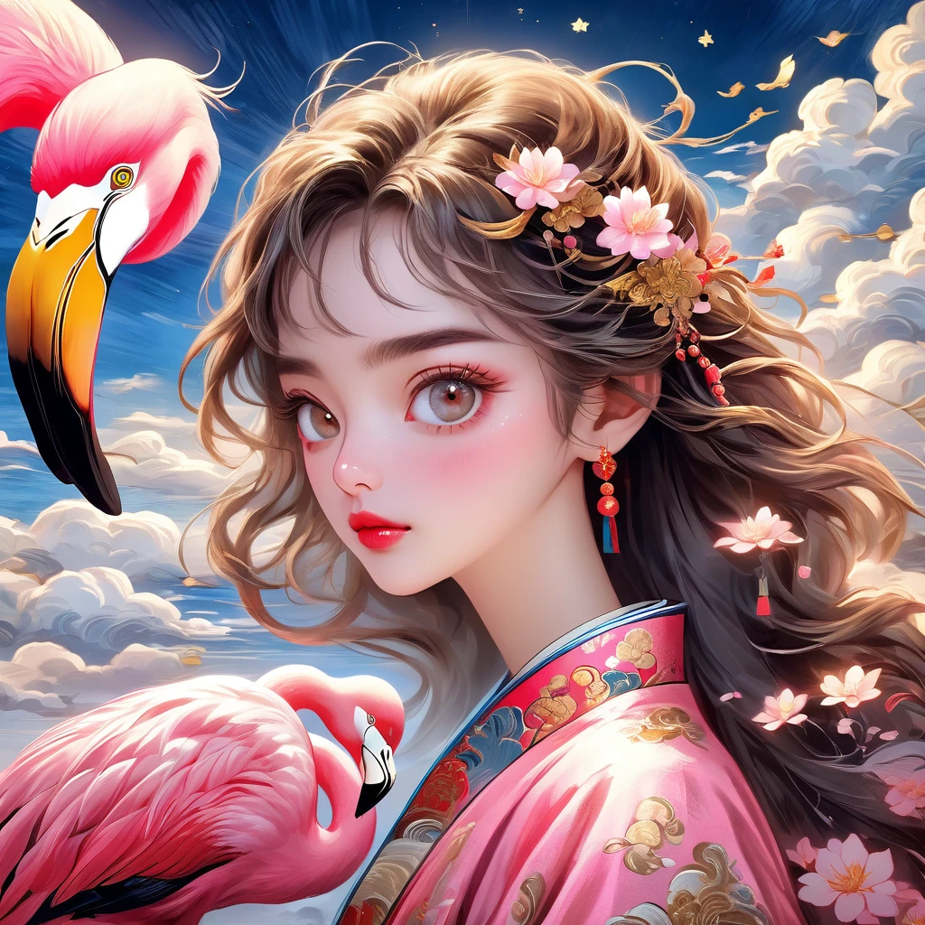 (best qualityer,4K,8K,high resolution,work of art:1.2),ultra detali,realisitic,Hand-drawn style,rough texture,1 girl,glare eyes,beautiful  face,Messy and fluffy long hair,detailed wires,fine clothes with traditional chinese style,Accurate anatomy,clouds,stele,moonligh,flamingo,Exquisite details,texture,pink and gold color palette,inspired by the art of Van Gogh,blank space for character composition.