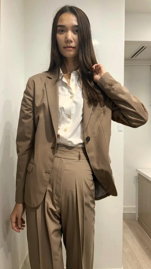 Teen women wear light brown suit, look Asia ,Gesture stand straight,