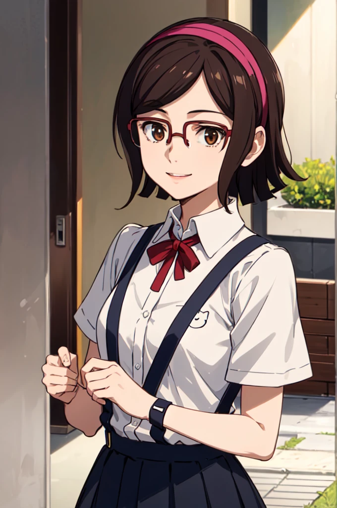 Super detailed, masterpiece, Highest quality, alone, A kind smile, A light smile, kousaka china, head band, Glasses,  EVA Uniform, One girl, alone, Tokyo 3 Middle ,  shirt, Short sleeve, Suspenders Long Skirt, Neck ribbon,