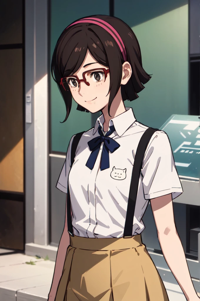 Super detailed, masterpiece, Highest quality, alone, A kind smile, A light smile, kousaka china, head band, Glasses,  EVA Uniform, One girl, alone, Tokyo 3 Middle ,  shirt, Short sleeve, Suspenders Long Skirt, Neck ribbon,