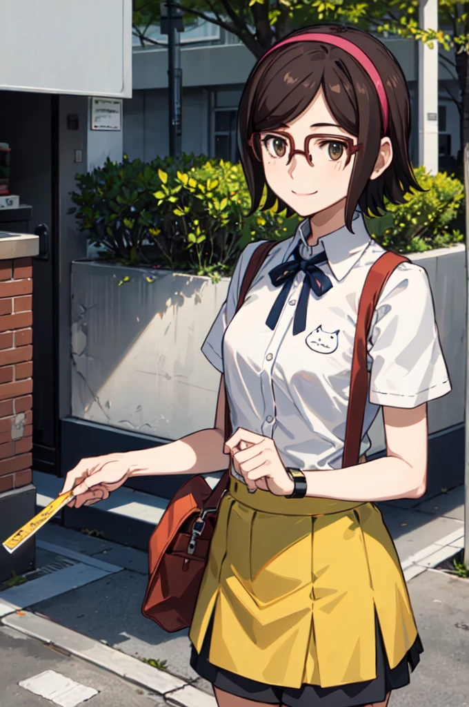 Super detailed, masterpiece, Highest quality, alone, A kind smile, A light smile, kousaka china, head band, Glasses,  EVA Uniform, One girl, alone, Tokyo 3 Middle ,  shirt, Short sleeve, Suspenders Long Skirt, Neck ribbon,