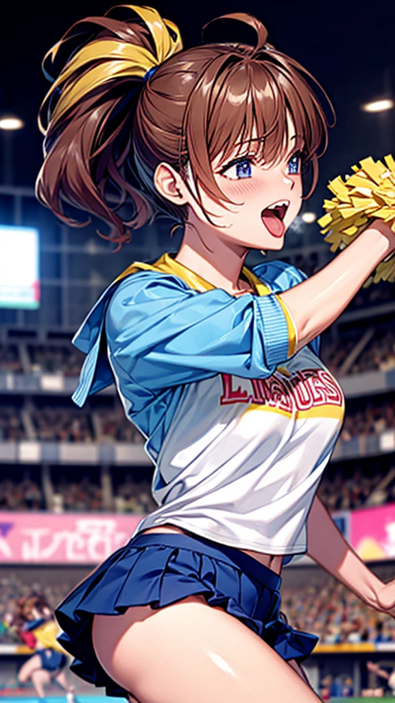 Under boob,JUMP,ponytail,cheerleader, stadium, team spirit, pom-poms, enthusiastic, energetic, crowd, uniform, sports event, cheering, colorful, dynamic pose, happy, vibrant, teamwork, celebration, night game, lights, action