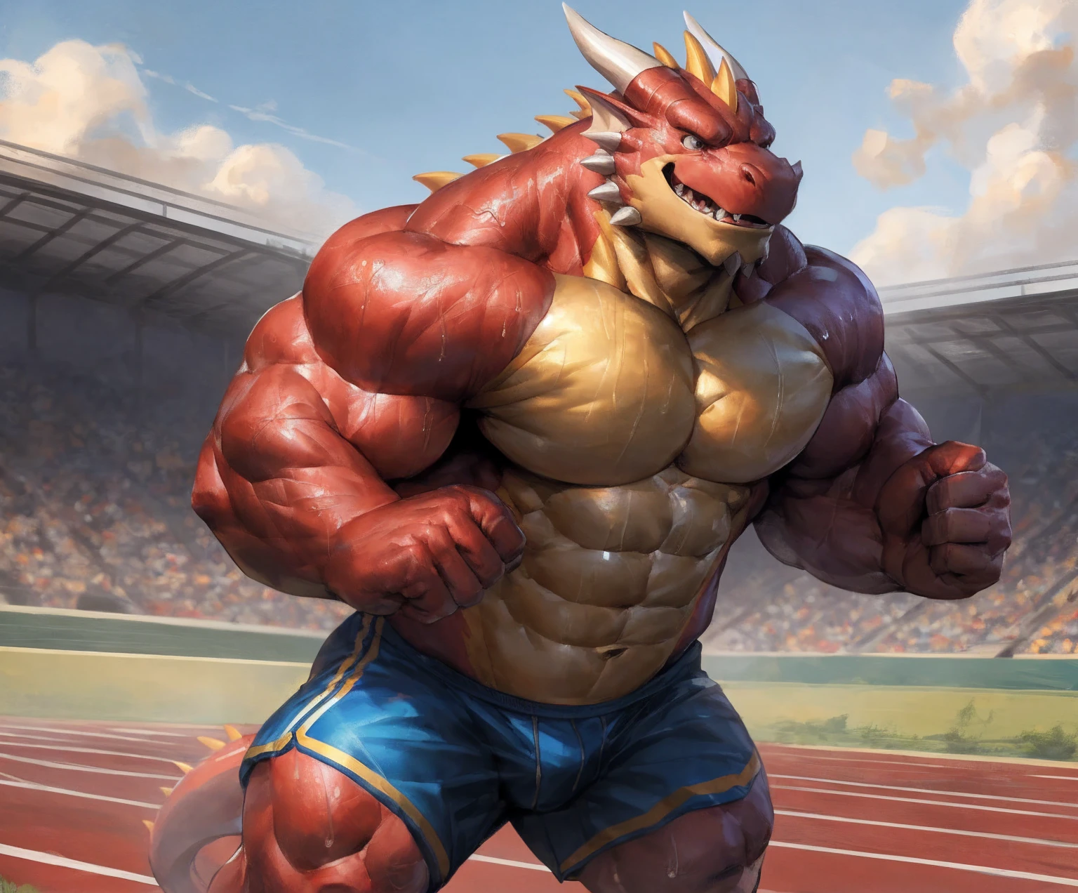 human nature, cannon, male, solitary, ((the strong，Handsome)), (dragon), Chibo，Six-pack abs，(Athletics，Track)，run，Blue shorts，Sweat:1.3，high quality, (4K,high quality, high resolution, masterpiece), cartoon,by lindong