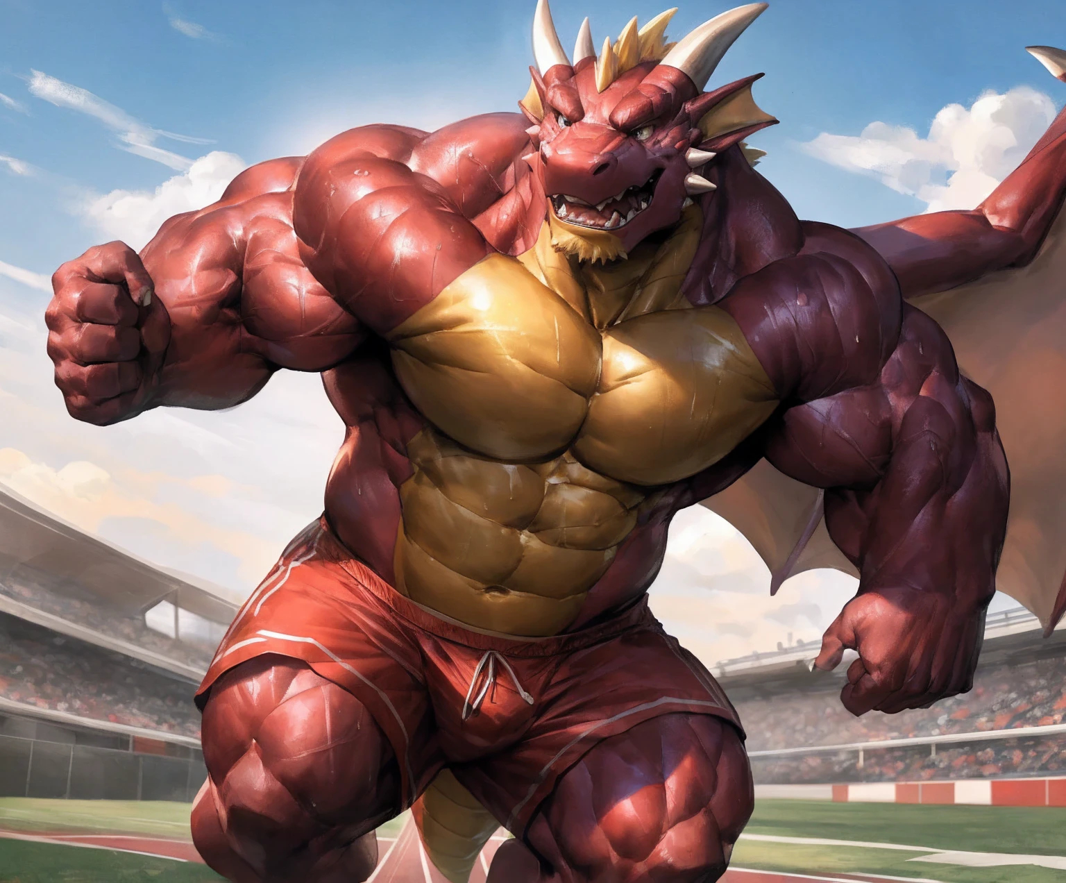 human nature, cannon, male, solitary, ((the strong,Handsome)), (dragon), Chibo,Six-pack abs,(Athletics,Track),run,Blue shorts,Sweat:1.3,high quality, (4K,high quality, high resolution, masterpiece), cartoon,by lindong
