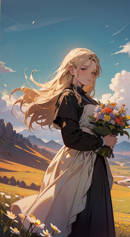 Painting of a woman standing on a hill with flowers in her hands, art by Édouard Bisson, krenzcushart, Opa jeremy lipkin, inspirado em Pierre Auguste Cot, Opa painting style, moebius + Roish + Opa, por Aleksander Gine, Marcos Ariane, inspirado em Cynthia Sheppard