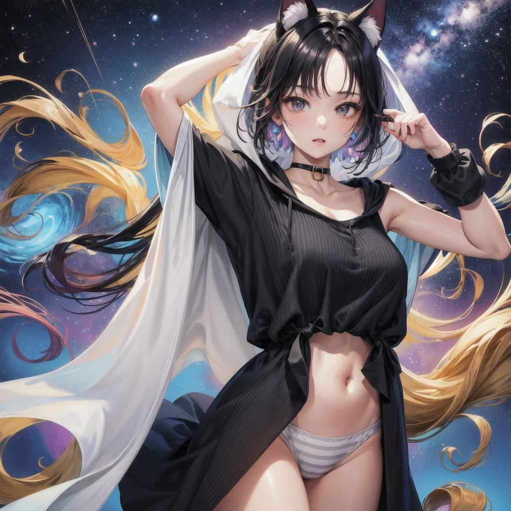 (masterpiece, Highest quality, Highest quality, Official Art, beautifully、aesthetic:1.2), (One girl), Very detailed, Hand over mouth:1.3), colorful, Most detailed, Perfect Face, Upper Body, High resolution, (Open your arms:1.3), (White cloak Golden Line:1.2), Milky Way, (Streaks of Light), Impressive visuals, (Dynamic stripes, Light trail:1.2), Vibrant colors, Cat ear、Wearing a black tank top、Belly button showing、Wearing an oversized hoodie、Dog's tail、Large hooded jacket