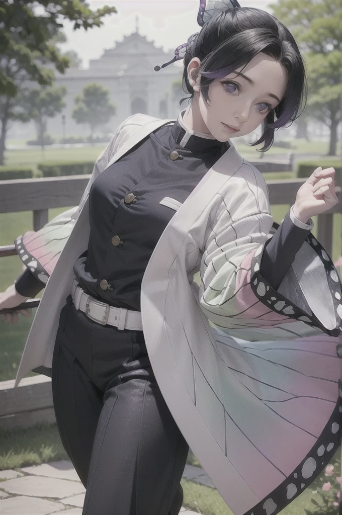 Ultra-realistic 8K CG,masterpiece,((Highly detailed background, Delicate pattern, Intricate details)),Highest quality,very detailed face,Very fine grain and face,Very fine grain,kochou shinobu,Multicolored Hair,No bangs,Hair Intake,Purple eyes,amount,Black Shirt,Black trousers,Haori,butterfly,button,belt,(garden:1.2),Purple Flower,Little,cloudy null,sunlight,Tidal effect,Slope_null,face,Gorgeous null,West Saber,Attractive posture,