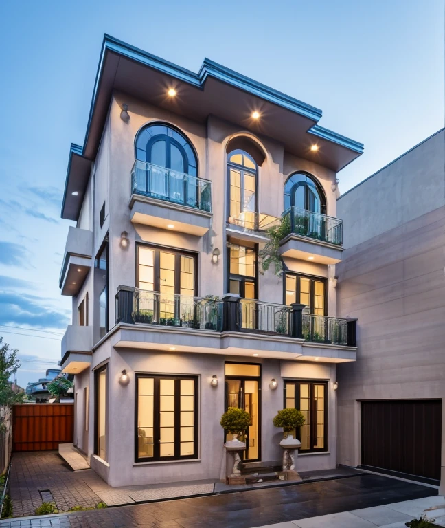 exterior of modern house in a city, slope roof, glass balcony, glass door and window, stone paverment, street road, neighbor house behind,