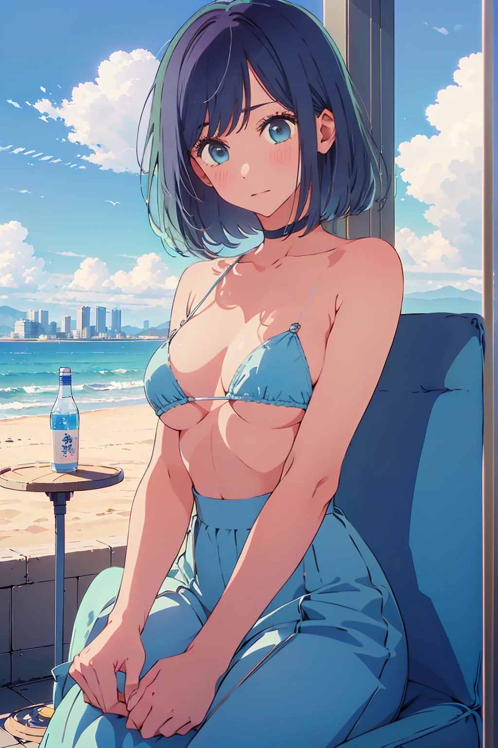 (Highest quality:1.4、masterpiece:1.4、Super detailed:1.4、Ultra-high resolution:1.4、8K:1.4)、F cup bust、Big Breasts、Slim body、((((1 person、Surprised expression、sit、Chair、In the background are the urban buildings of Tokyo、looking at the camera、Outdoor café terrace、coastal、Shooting up close、Very cute face))))、(Pose with hands tucked behind ears:1.4）、((nude、very beautiful areola))、bikini、Very blue sky、A completely cloudless sky