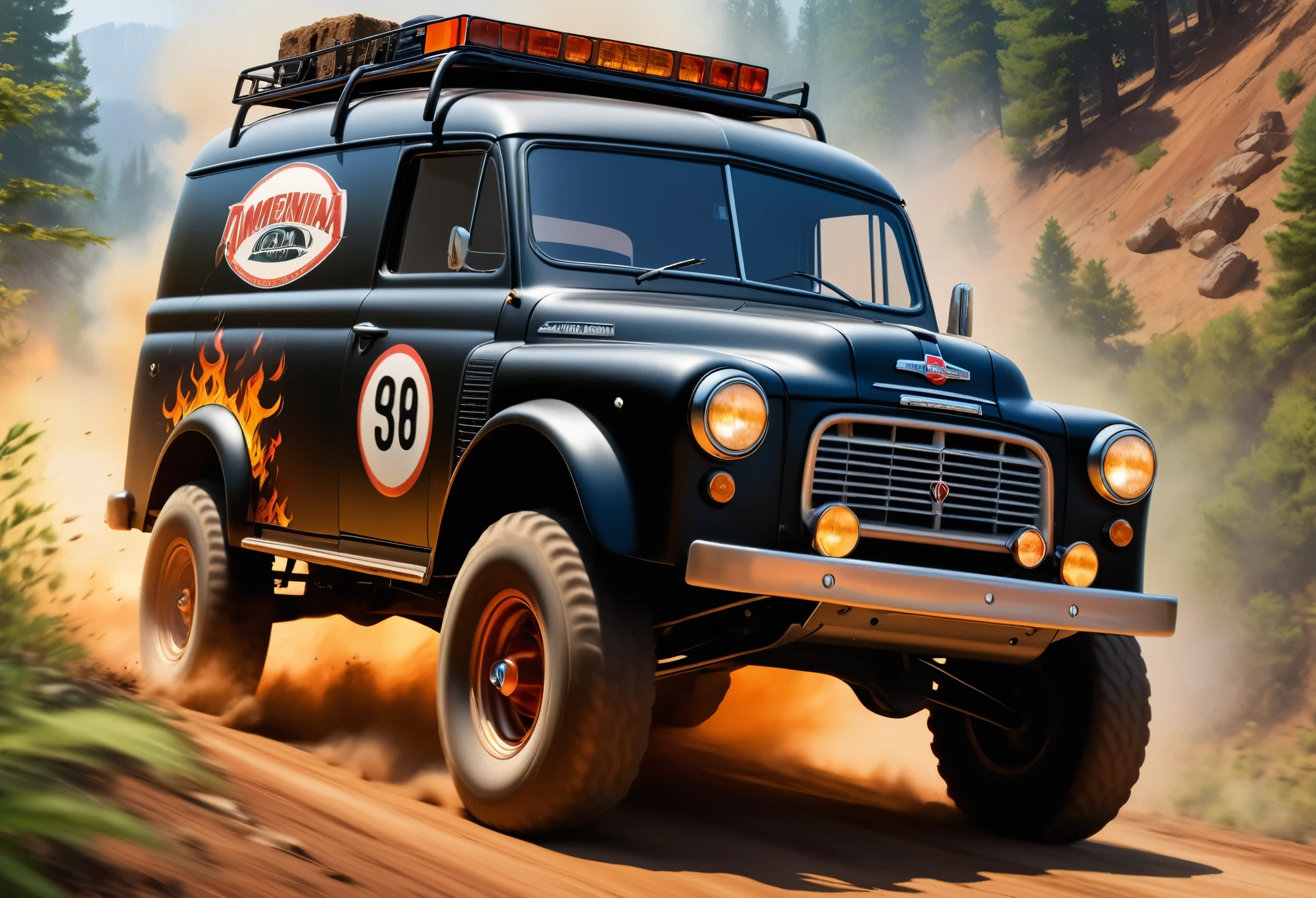 (masterpiece:1.2),(Highest quality),(Very detailed:1.3),(High resolution),8K,wallpaper,An off-road car is racing down a rough road,((Depicting a sense of speed)),front,(Black 1950s American panel van),(Fire pattern design),(Dynamic driving of off-road cars:1.3),(Jump),(cool illustration:1.2),Radio-controlled box art,Tamiya Style,(Detailed car depictions:1.2),(A depiction of one off-road vehicle:1.5)