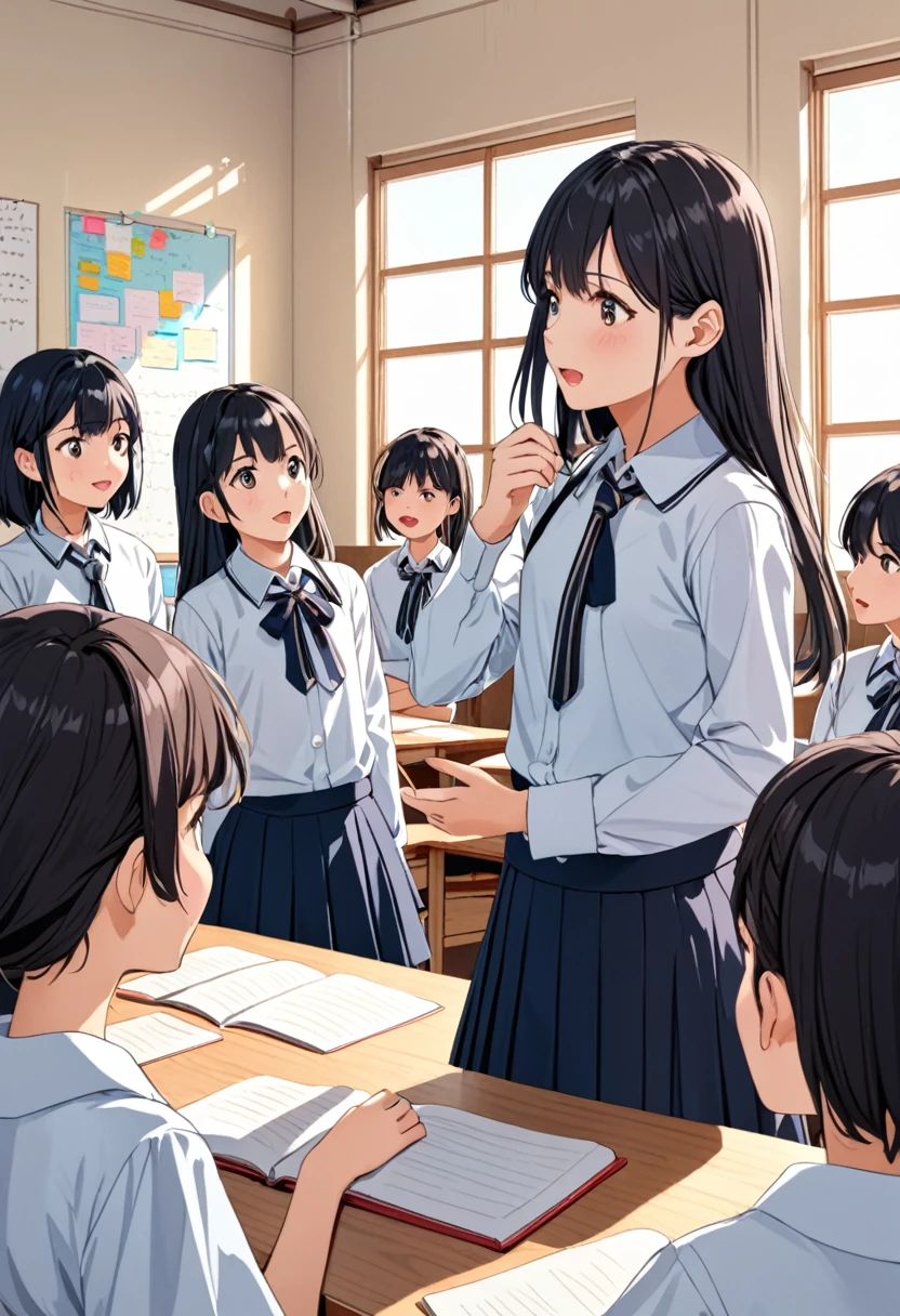 A girl explains to her classmates