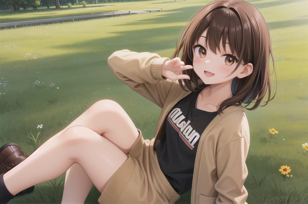 One girl, alone, 20-year-old, Brown eyes, Brown Hair, smile, Nice casual clothes, grassland, masterpiece, Fine Fingers, 最high quality:1.4,high quality, detailed,