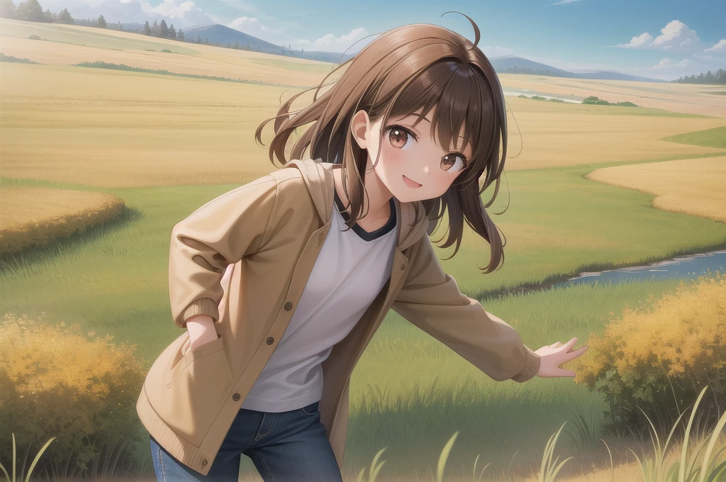 One girl, alone, 20-year-old, Brown eyes, Brown Hair, smile, Nice casual clothes, grassland, masterpiece, Fine Fingers, 最high quality:1.4,high quality, detailed,