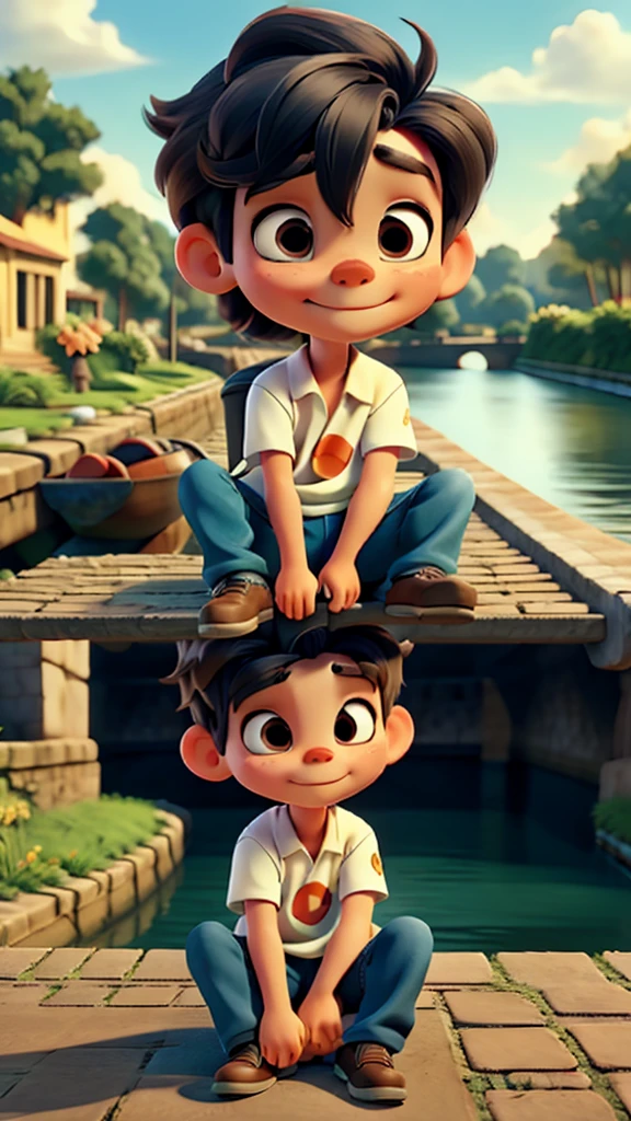 Main boy character sitting by the canal enjoying the cool breeze.