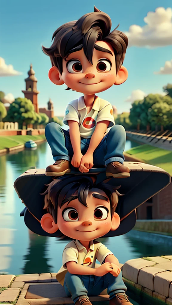 Main boy character sitting by the canal enjoying the cool breeze.