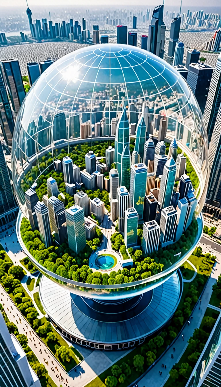 Aerial view of the city model in the huge transparent glass hemisphere in the foreground，Beautiful glittering bird&#39;s eye view city model in a large transparent glass ball hemisphere, Behind is the background with（（Giant giant astronaut in transparent helmet））Standing on white desert background， There&#39;s an eerie feeling in the air, Sad cloudy day, Diffuse lighting