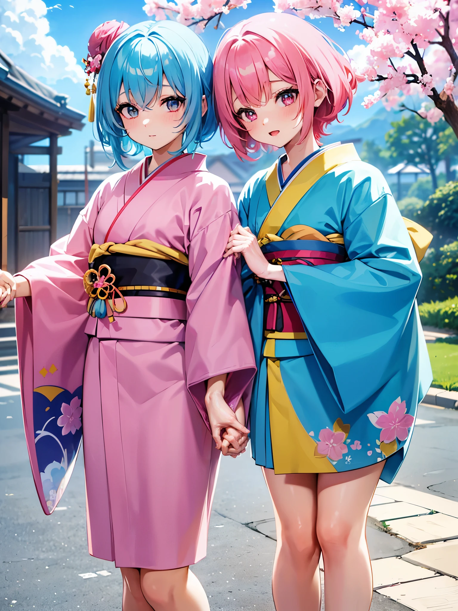 (masterpiece 1:1),(ultra hd picture), (pastel color palette), ((girl 1/girl 2) two Twin anime girls Short hair with different hair colors wearing japanese kimono with different color holding hands each other Love each other pose side by side), (girl 1 hair color pink mix with sky blue, primary hair color:pink, secondary hair color: sky blue, secondary hair color is a accent) ,(girl 1 kimono color blue with yellow accent).(Blue sky pastel hair girl)(girl 2 hair color sky blue mix with pink, primary hair color:sky blue, secondary hair color: pink, secondary hair color is a accent ),(girl 2 kimono color pink with yellow accent). Glowing eyes, HD results, best picture, cinematic angle, lovely expression, cute faces, Detail eyes, (4 fingers), Japan idols stages background.