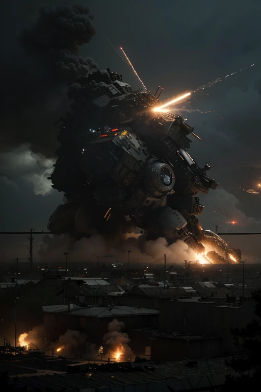 Zoomed out shot of  battle-worn robots and mechs shooting each other, explosions, fire, rifles, drones, tanks, bleak rainy atmosphere, The air is thick with the cacophony of gunfire and explosions as drones circle overhead, raining down rockets upon the land. The atmosphere is bleak, the sky obscured by ominous clouds, adding to the sense of impending doom as the mech fights against overwhelming odds, debris is falling from the sky as smoke rises from the battle. The ground is flooded by debris and water, bullets are flying everywhere , high resolution, amazing quality

