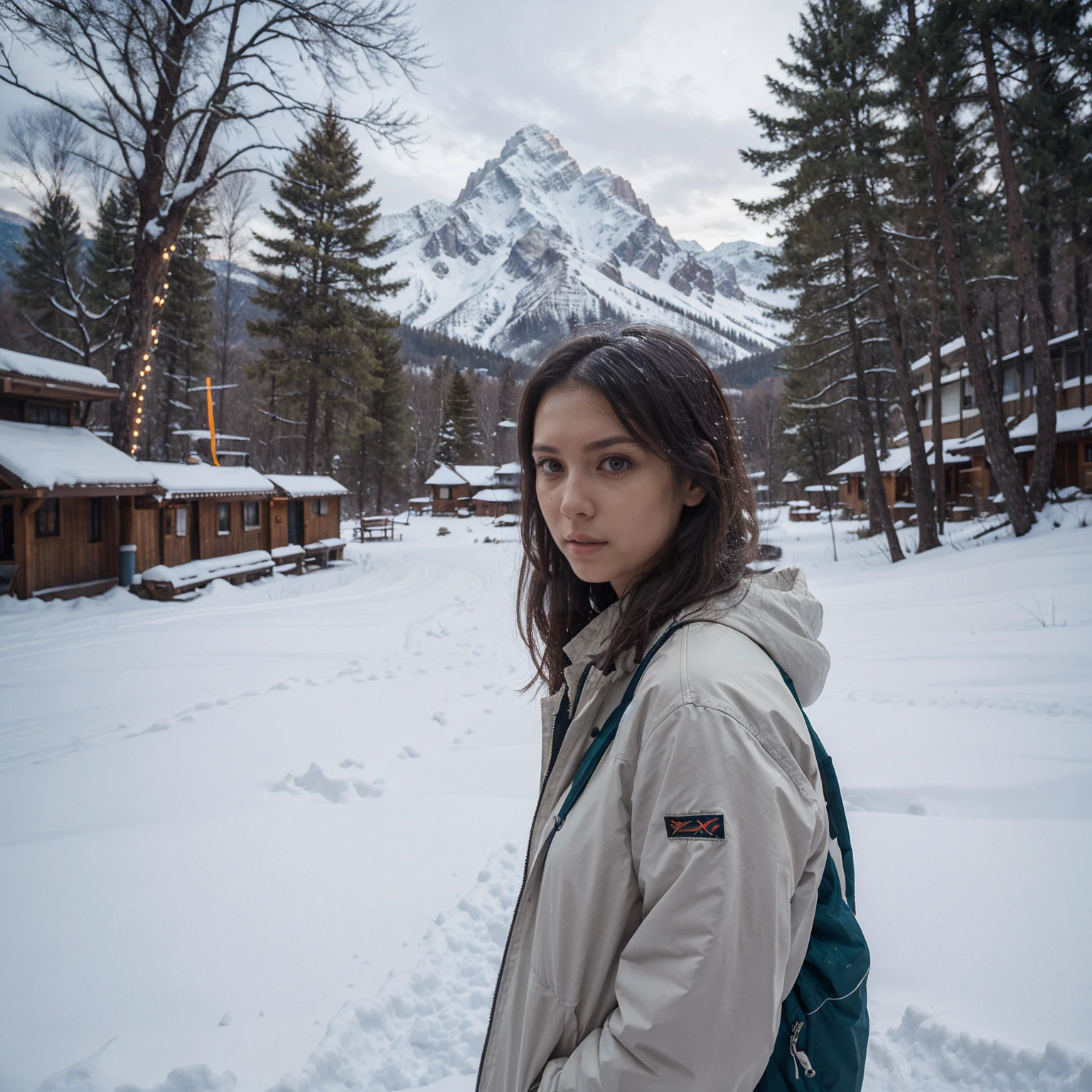 ((masterpiece)),highest quality, figure, dark, One girl, In the wilderness,A tall mountain,Snow-capped mountains visible in the distance々, city, Beautiful fine details, Beautiful detailed hair,