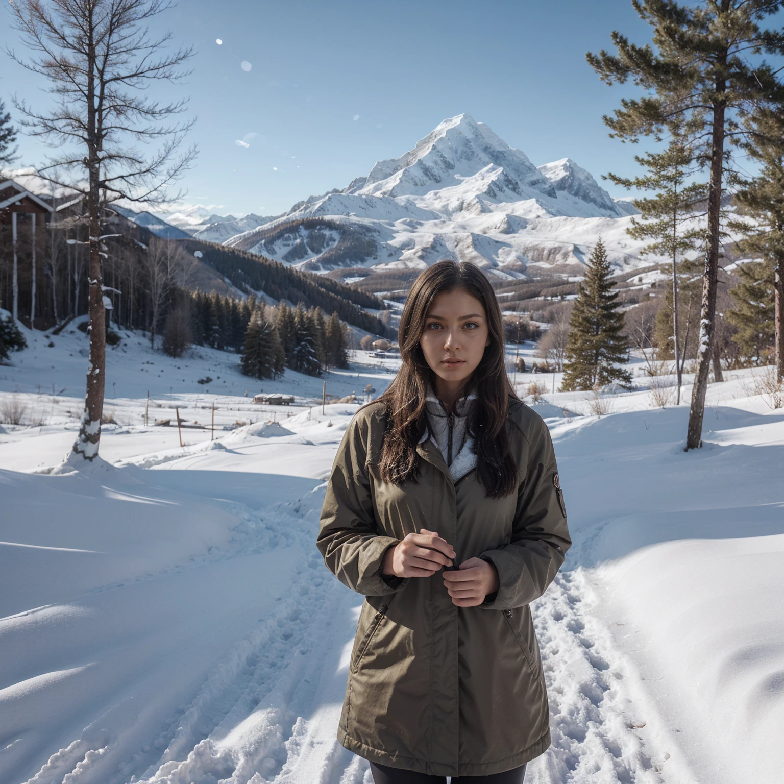 ((masterpiece)),highest quality, figure, dark, One girl, In the wilderness,A tall mountain,Snow-capped mountains visible in the distance々, city, Beautiful fine details, Beautiful detailed hair,