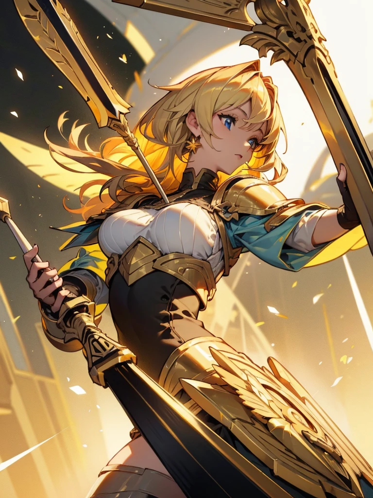 
Paladin,beautiful breasts,holding shield,spear,Hair Color is gold,hair style is sideponytali, high Quality,best quality