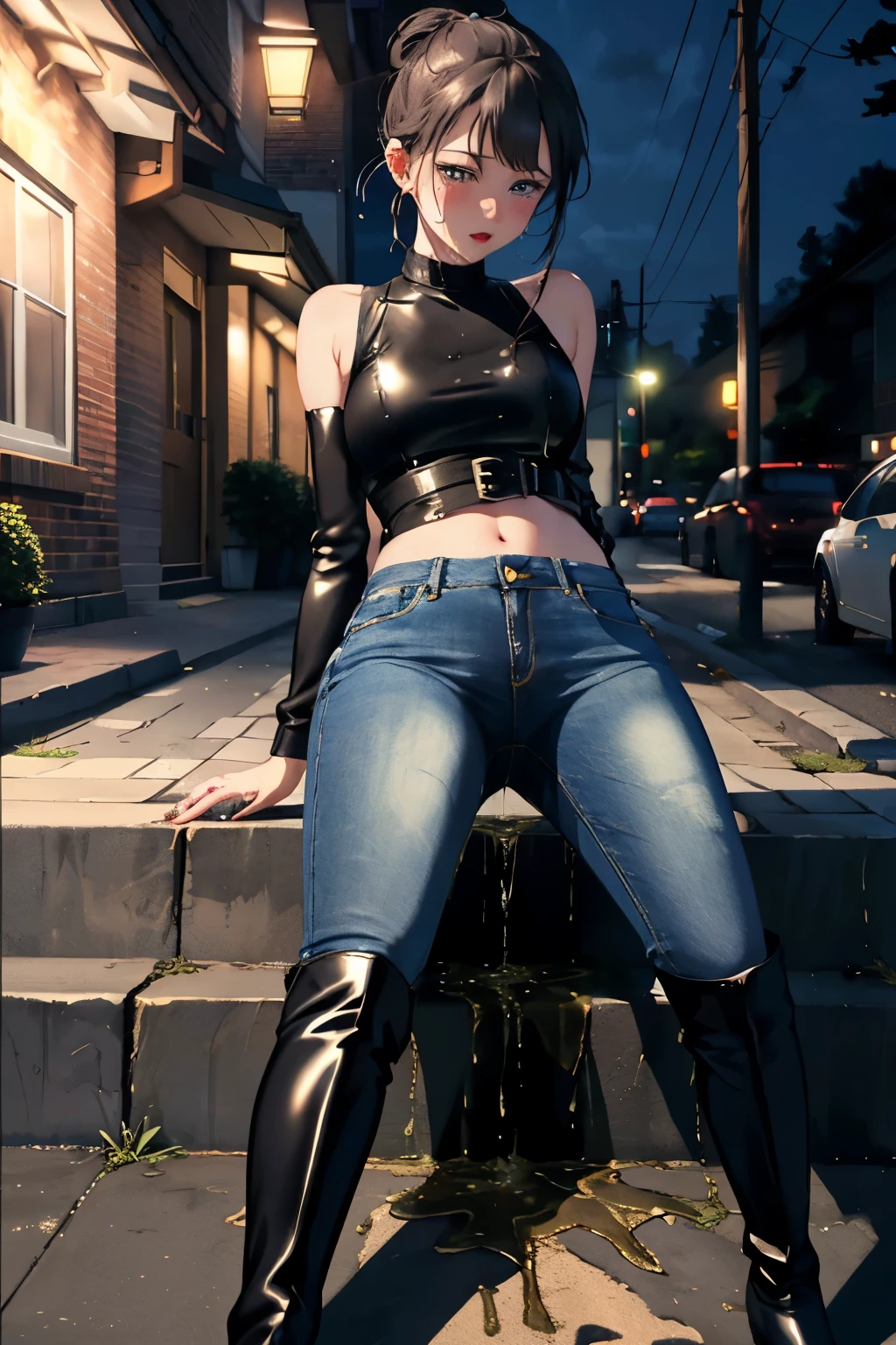 anime, highres, beautiful women, high detail, good lighting, lewd, hentai, (no nudity), (((jeans))), ((tight leather top)), (((leather thigh high boots))), bare midriff, ((wet crotch)), (((peeing herself))), (((wetting herself))), ((((peeing self))), (pee streaming down legs), peeing stain, (puddle), (thick thighs), nice long legs, lipstick, detailed face, pretty face, hair tied up, embarrassed blushing face, humiliated, ((on sidewalk at night)), hihelz