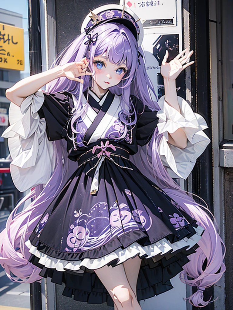 A 20-year-old Japanese girl with long purple hair and blue eyes. She plays in a rock band and usually wears black-pink loli dresses. She has pale skin