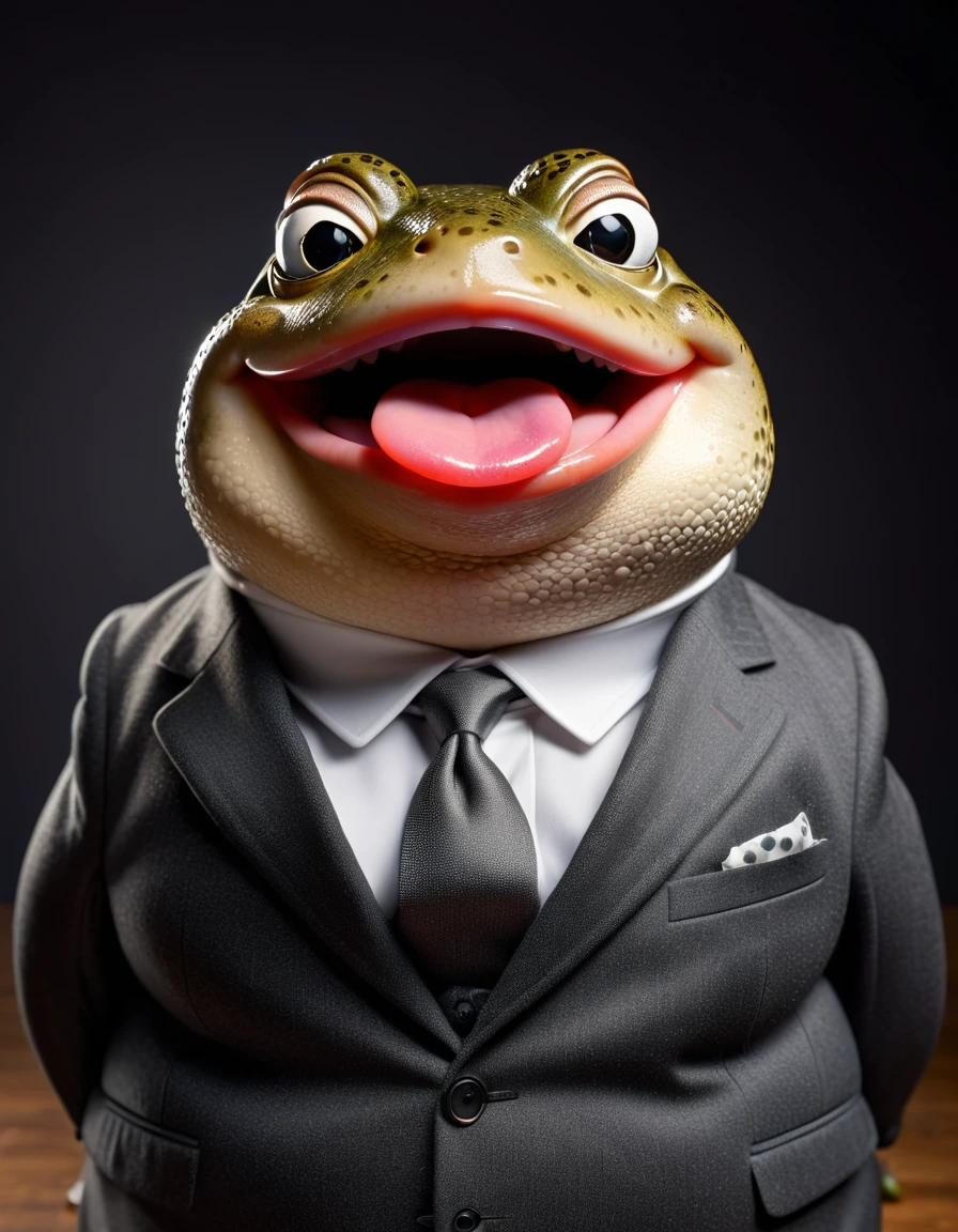 face close up photo of anthropomorphic fat  toad,(), dressed in a dark gray suit, (sticking out tongue:1.5),(happy smile:1.5),(naughty look), roomlighting, Cinematic, hdr, primitive, Intricate, High quality, smoothing tones, Intricate details, Low contrast,(viewed from above:2.0), (looking up to the side:1.8), simple background