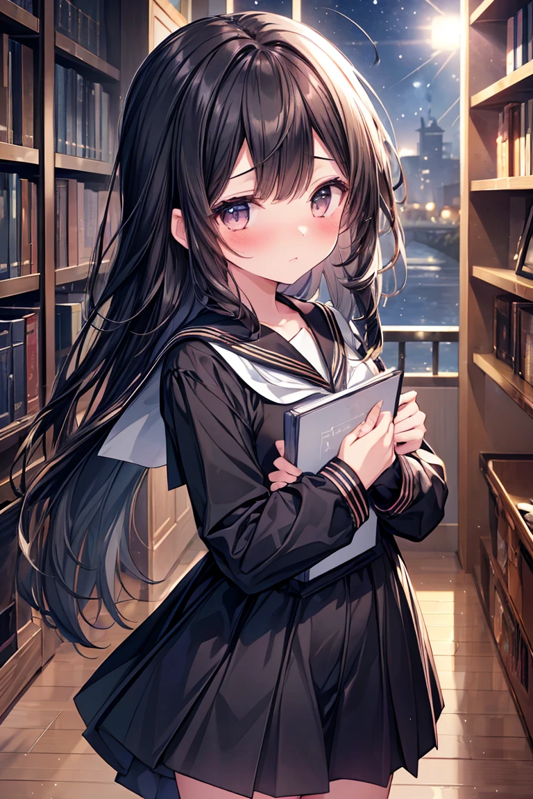 masterpiece, best quality, extremely detailed, (illustration, official art: 1.1), 1 girl, ,black long hair, 18 years old, long hair ((blush)), masterpiece, best quality, (((a very delicate and beautiful girl)))), amazing, beautiful detailed eyes, blunt bangs , tareme, (true beautiful: 1.2), sense of depth, dynamic angle,,,, (true beautiful: 1.2),(black sailor suit、serafuku:1.4)、thin and long legasterpiece, best quality, extremely detailed, absurdres),No expression, mature,Shy girl (blushing),almond eye、brown eyes、gradation eye、 , middle breasts, beautiful jpn-girl, (best quality: 1.2) solo, cinematic light, perfect lighting,embarrassed, (((Wide Open Eyes))),{black sailor suit},{white ribbon},{black traight hair
in library, sense of depth, dynamic angle,,,, (true beautiful: 1.2),("Black sailor suit", long sleeved:1.3)、,white neckerchief、
indoor,(book shelfs, blue moon, starry sky, blue night, abstract background, magic books, light particles, stars, sparkling effects, childbook),surprised face
, shy, massive belly