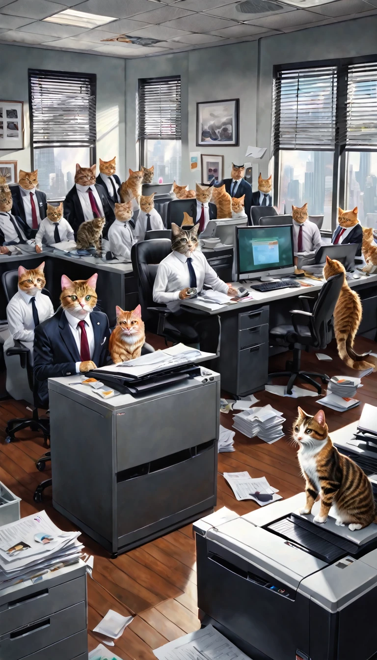 Hyper-detailed painting of an office full of cats in suits, one of them frustrated as the copier jams during an important task, cinematic composition, trending on ArtStation