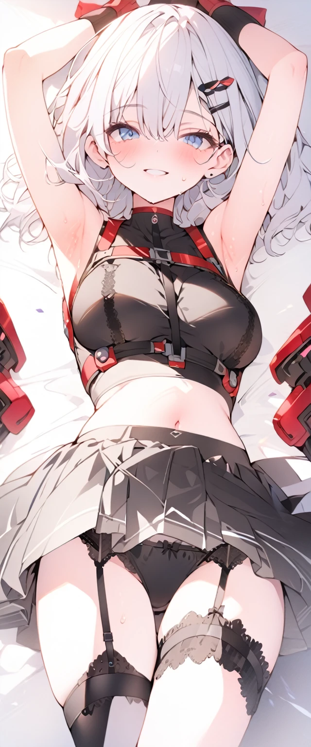 beautiful, masterpiece, Highest quality, anime, One girl, C Cup,Portrait Shot, View your viewers, Covered、Short Hair、nearby、Blue Eyes、art、、White hair,Blue streaked hair、hairpin、Cute smile、Thighs、Cute、blue sky、Beautiful breasts、Full Harness、valley、Sweat、Under Harness、Body Harness、Tightening、Penetration、white_Sci-fi combat uniform、white_SFなgarter beltアンダースコート、pierced、See-through_navel、whiteボディストッキング、Lying on your back、grass、Armpit、black_garter belt、Sci-fi skirt