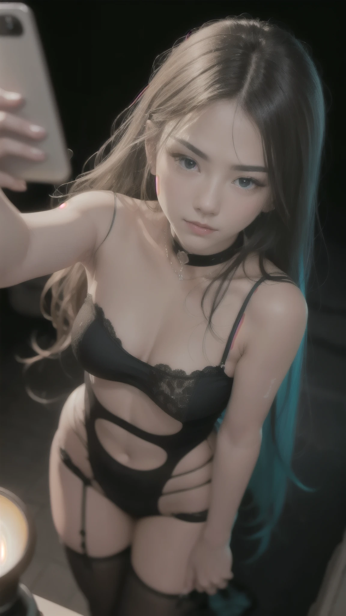 (selfie, view from above: 1.4), (straight half body: 1.4), Portrait photo of a 24-year-old blonde in RAW UHD format. (blue eyed woman) walking down a dark alley, city at night, (stockings), (cutout), details (textures! , hair! , shine, color!! , flaws: 0.6), brilliant eyes with high detail (looking at the camera), mirror lighting, SLR camera, ultra quality, Sharpness, depth of field, Granularity (center), Fujifilm XT3, crystal Clean, frame center, Beautiful face, sharp focus, Street light, neon lighting, night, (night sky), detailed skin pores, oily skin, sunburn, complex eye details, whole body, huge breasts:1.25