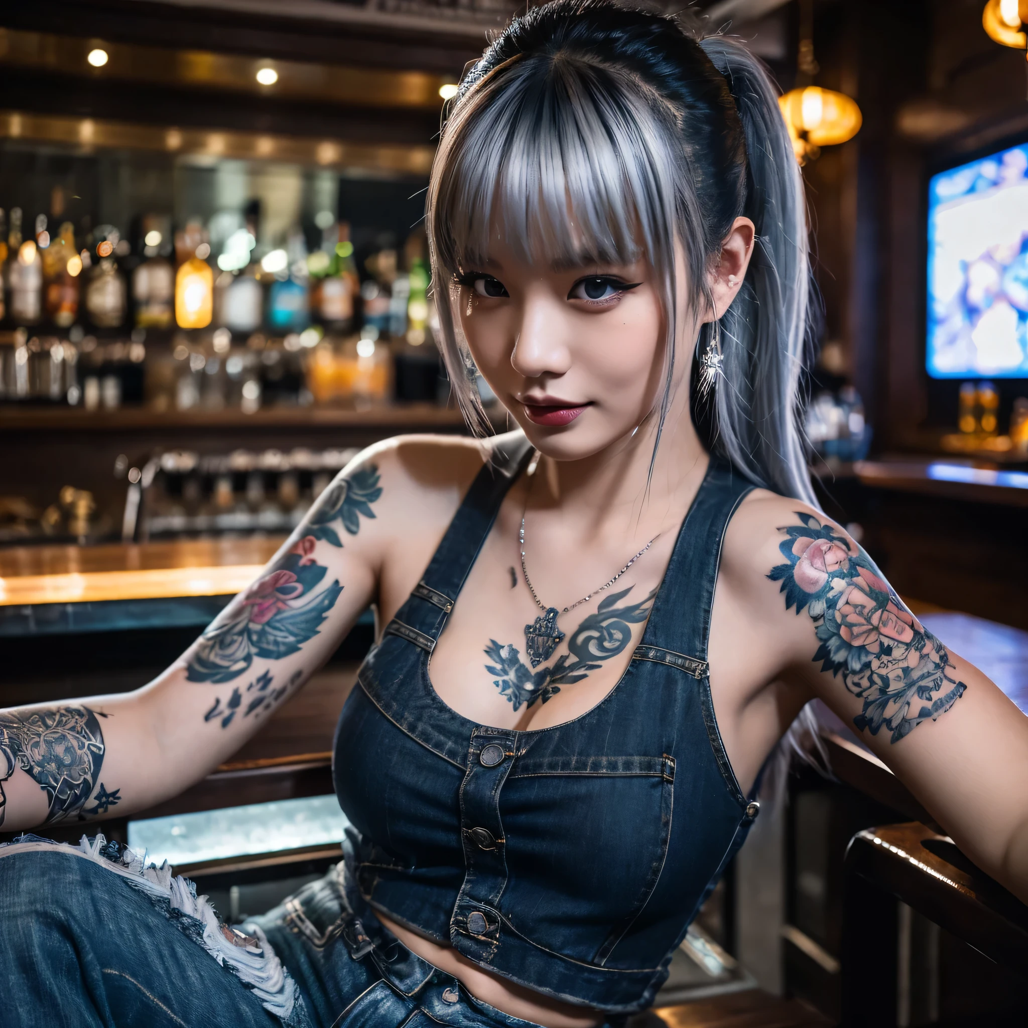 a beautiful chinese girl wearing tanktop and black jeans in bar, silver hair, tattooed, beautiful, elegant, antagonist, 1girl, intricate details, extremely detailed, Ultra HD, 4k, 8k, best quality