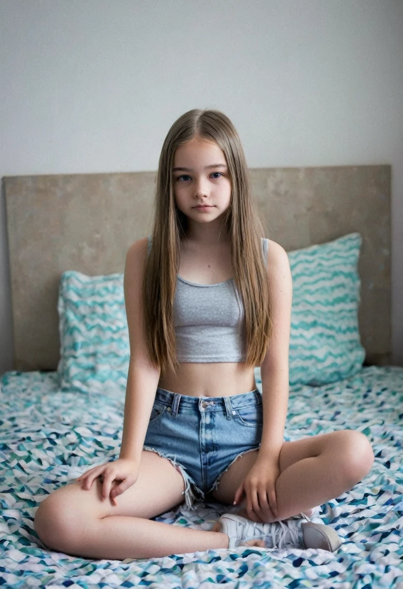  ponytail hair teen sitting on bed full body view from front tin body 