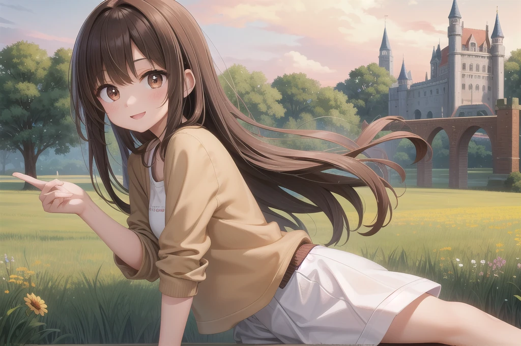 One girl, alone, 20-year-old, Brown eyes, Brown Hair, smile, Nice casual clothes, grassland, castle town, masterpiece, Fine Fingers, 最high quality:1.4, high quality, detailed,