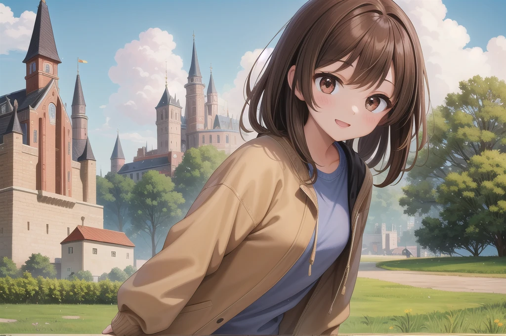 One girl, alone, 20-year-old, Brown eyes, Brown Hair, smile, Nice casual clothes, grassland, castle town, masterpiece, Fine Fingers, 最high quality:1.4, high quality, detailed,