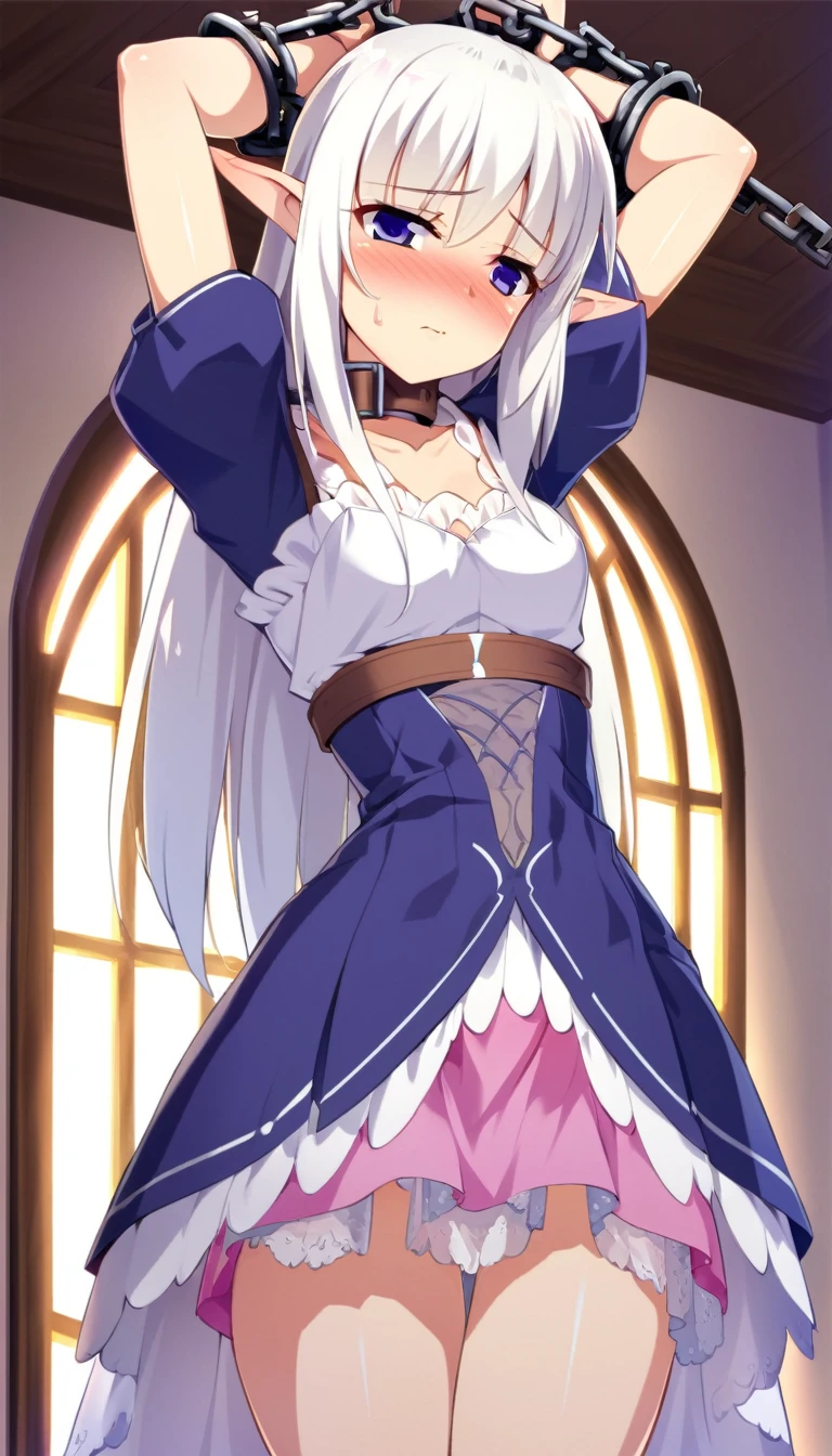 one girl, handcuffed above her head, restrained, chained, slave, naive, beautiful white hair, princess, princess of elf, collar, discipline