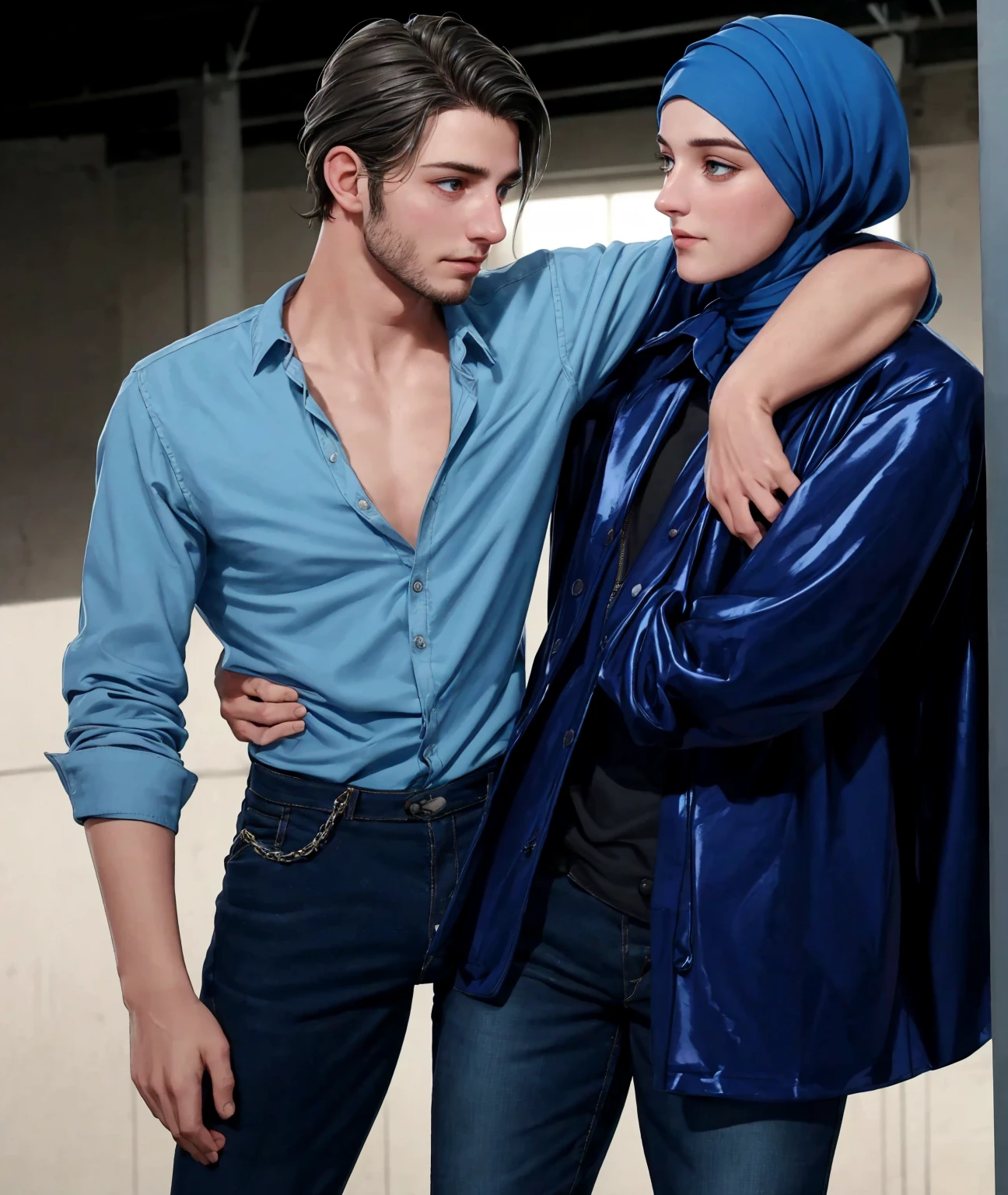 A young German man in a blue cotton shirt and jeans and a Syrian woman in a shiny plastic quilted coat and blue satin headscarf stand arm in arm in front of a refugee shelter, A German man in a cotton shirt and jeans is injured and is supported by a Syrian woman, A Syrian woman wearing a shiny plastic down coat supports an injured short-haired man, who can't walk alone, A Syrian woman wearing a headscarf holds an injured short-haired man in her arms, compassion, accident, injury, first aid, theater, ultra-realistic, photo