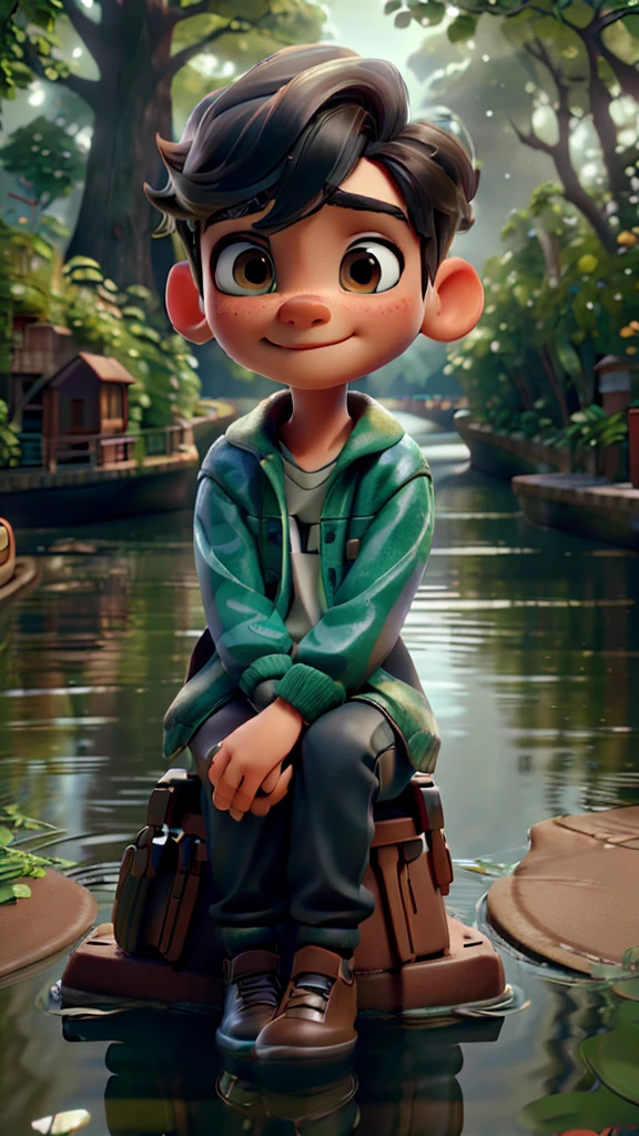 a boy sitting by a canal, detailed facial features, beautiful scenery, detailed brick buildings, lush greenery, sunlight filtering through trees, reflection in the water, calm atmosphere, photorealistic, cinematic lighting, vibrant colors, highly detailed, (best quality,4k,8k,highres,masterpiece:1.2),ultra-detailed,(realistic,photorealistic,photo-realistic:1.37)