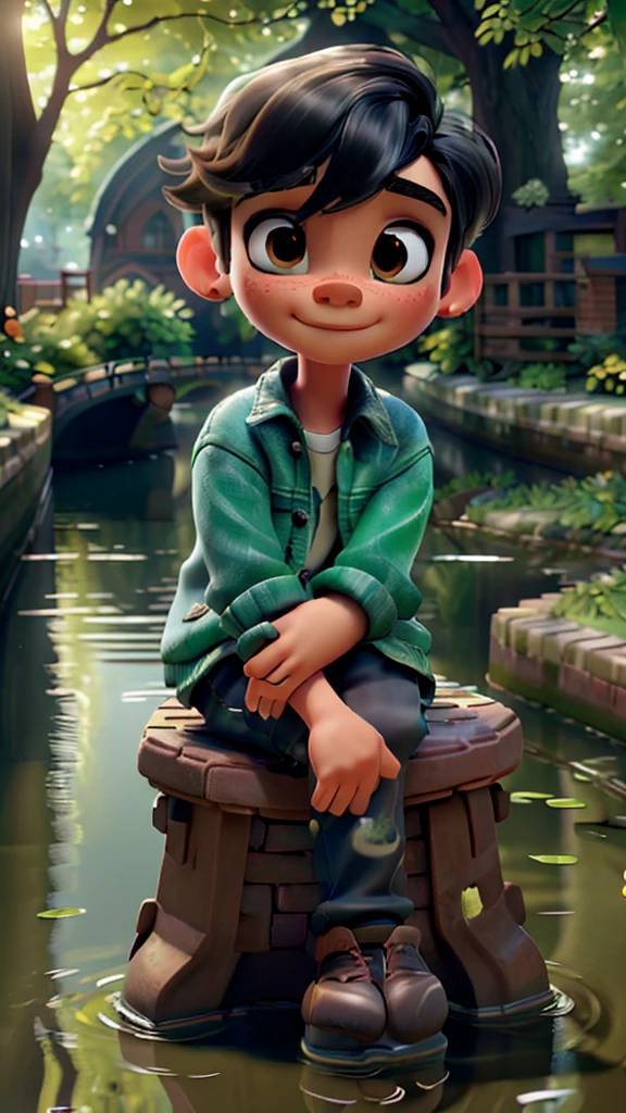 a boy sitting by a canal, detailed facial features, beautiful scenery, detailed brick buildings, lush greenery, sunlight filtering through trees, reflection in the water, calm atmosphere, photorealistic, cinematic lighting, vibrant colors, highly detailed, (best quality,4k,8k,highres,masterpiece:1.2),ultra-detailed,(realistic,photorealistic,photo-realistic:1.37)