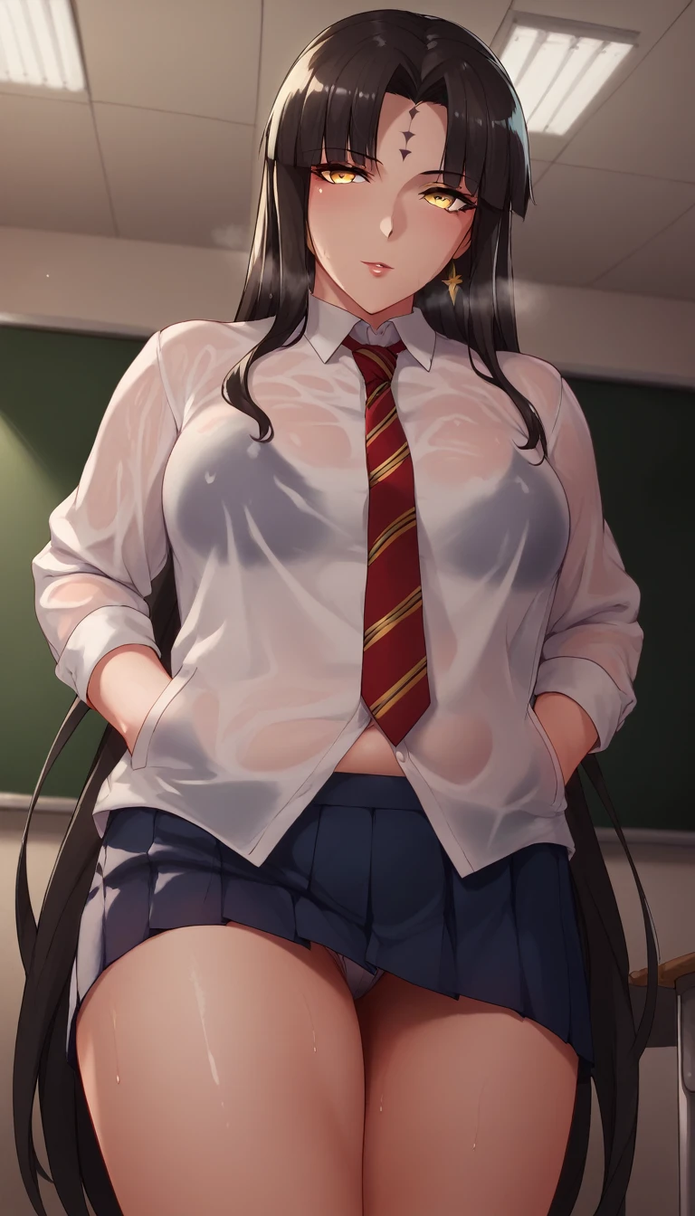 score_9, score_8_up, score_7_up, score_6_up, uncensored, Michiko_Tanaka, absurdly long hair, golden eyes, black hair, very long hair, parted bangs, forehead mark, lips, shiny skin, sweating, wet, wet hair, steaming body, heavy breathing, BREAK (masterpiece:1.2), best quality, high resolution, unity 8k wallpaper, (illustration:0.8), (detailed eyes:1.6), perfect lighting, extremely detailed CG, (perfect hands, perfect anatomy),
1girl, mature female, solo,
looking at viewer, naughty face, half-closed eyes, head tilt, parted lips, bimbo,
black hair, long hair, thick lipsm
shiny skin, small breasts, belly,
miniskirt, pleated skirt, skin tight, zettai ryouiki, classroom, spotlight, bokeh, hands on pocket, necktie, mature female, tall girl,
