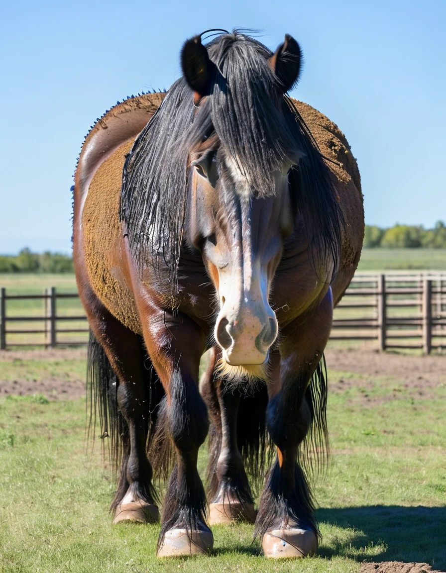 full rear view of large draft horse stallion with lumps of horse dung oozing out of a big bum. facing away from view point - towards horizon. rectum and anus in full view. tail to left side.