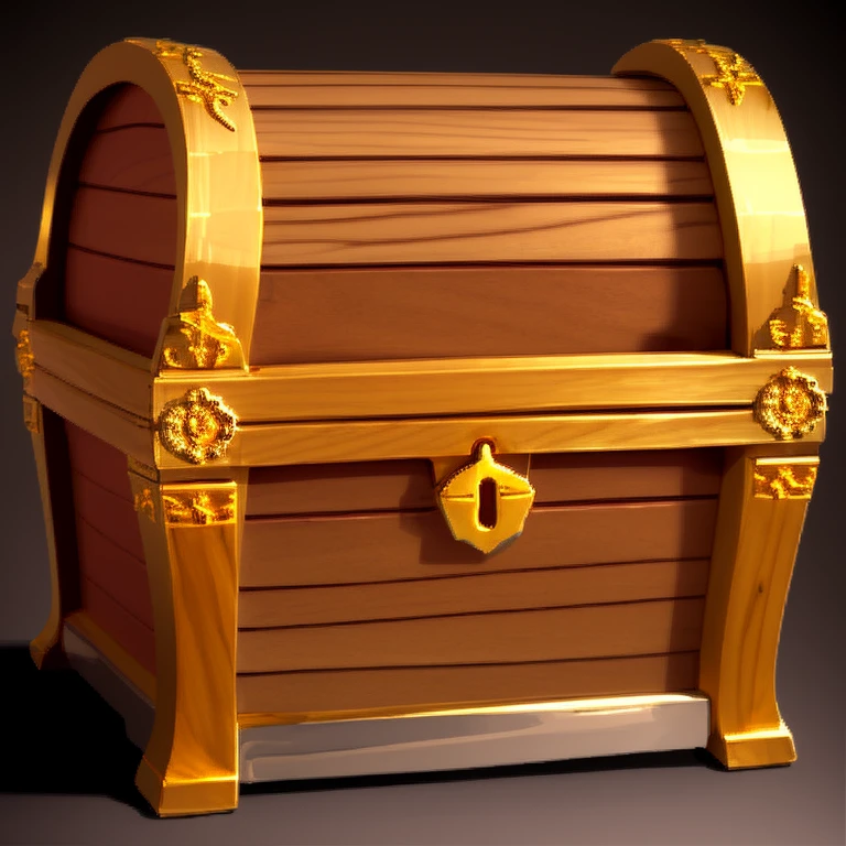 simple background,) treasure chest, Crafted from polished cherry wood and adorned with intricate gold leaf designs of musical notes and swirling motifs, the box radiates a sense of romance and artistic flair