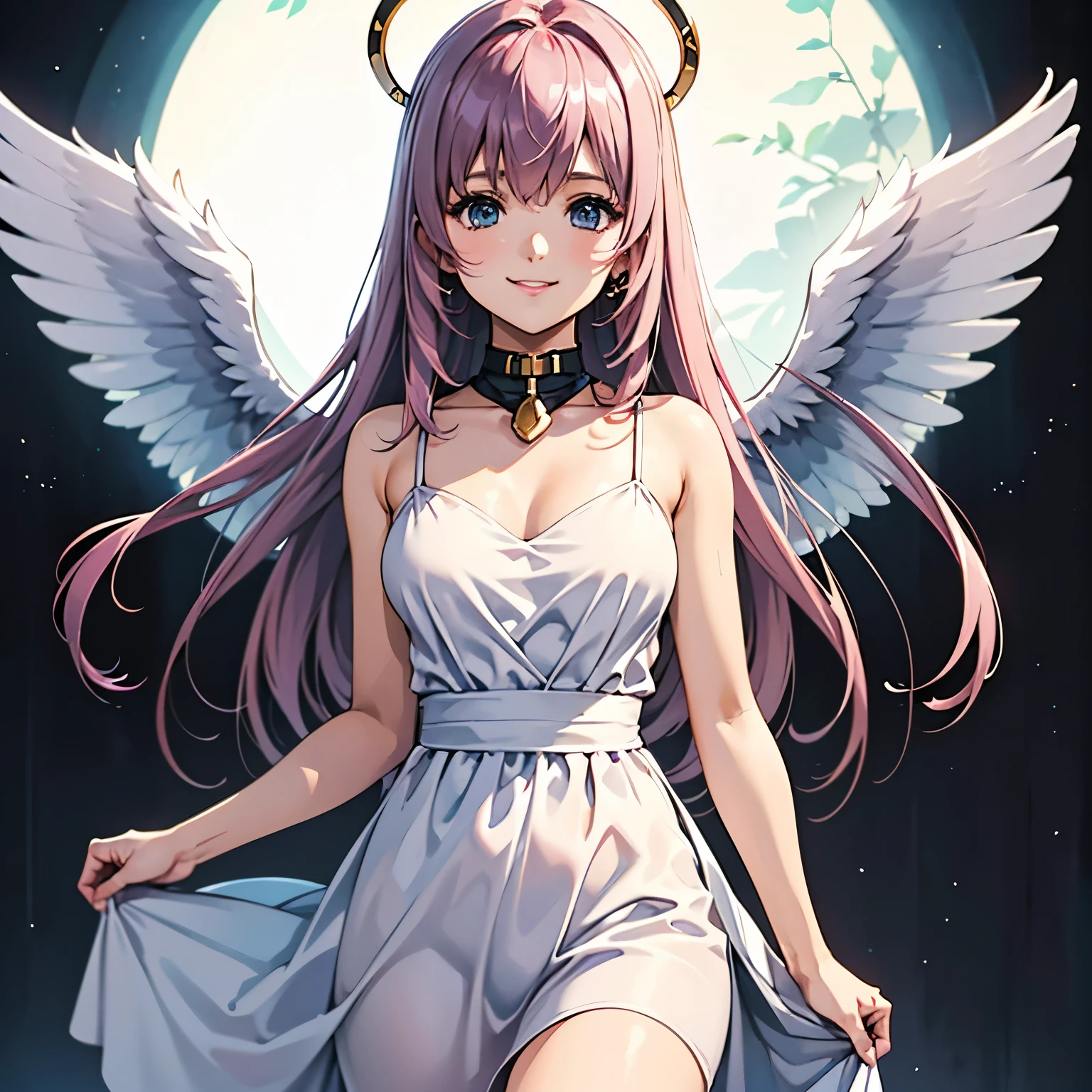 megurine luka、Big angel wings、Angel Halo、smile、Look at this、Wearing a light white dress